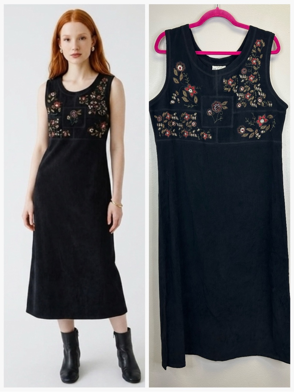 White Stag Vintage 90s Black Maxi Dress Floral Embroidery Dark Cottagecore Boho